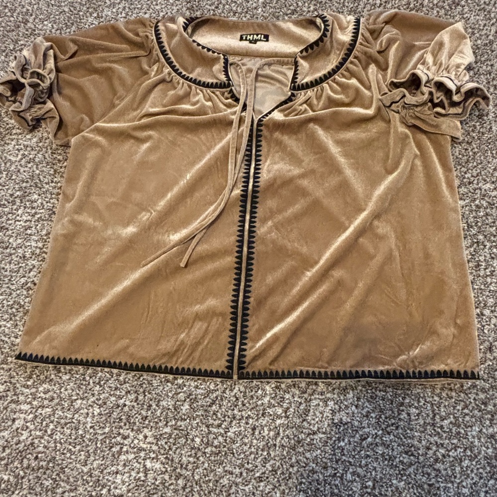THML Tan Velvet Blouse with Black Trim